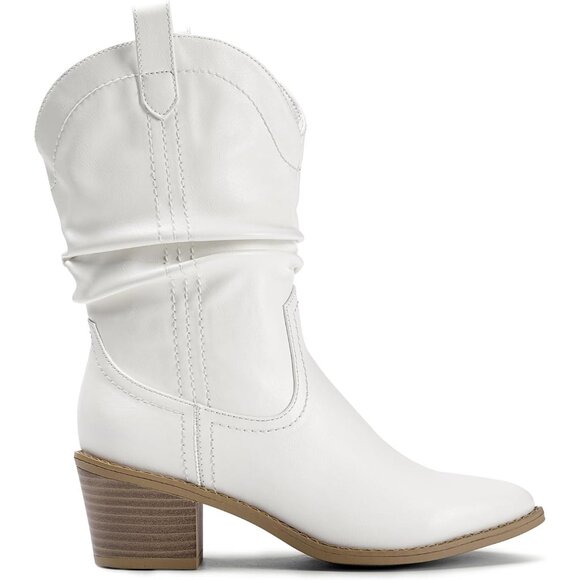 Women's White Cowgirl Boots Mid Calf Chunky Heel Slouchy & Pull-on Ankle Booties - Picture 2 of 8
